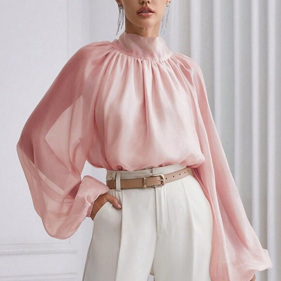 Dusty Pink Casual Women's Solid Color Stand Collar Lantern Sleeve Shirt - Picture 3 of 5